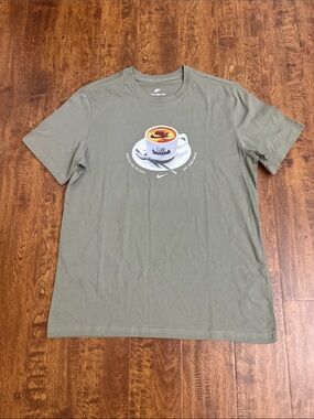 Nike Olive Green Short-Sleeve Tee with Café Cup Graphic